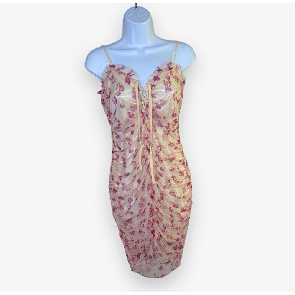 SBetro Pink Floral Ruched Mesh Corset Mini Dress Lace Up Cami Size L